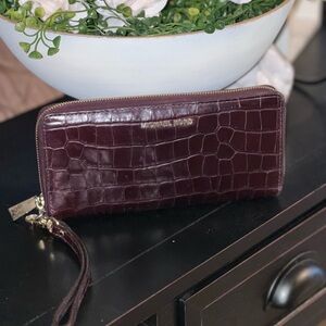 Michael Kors Travel Continental Croc Embossed Merlot Leather Wristlet Wallet